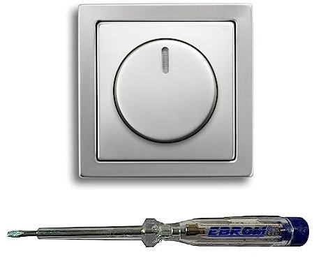 Busch Jäger 6523U-102 LED-Drehdimmer LED-Dimmer mit Dimmerscheibe Zentralplatte 6540-866-102 und Einfachrahmen in PUR Edelstahl inklusive EBROM Phasenprüfer zur Montage des Dimmers
