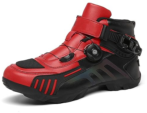 DJFOG Herr motorcykelskor svart motocross korta ankelstövlar vattentätt läder, motorcykel offroad skor racing stövlar, Röd röd, 47 EU