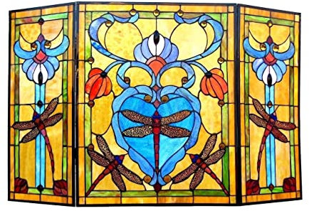 Kaminschirme, Kaminschirm-Stil, Buntglas, 3 Abschnitte, faltbar, Libelle, Kaminschirm, Flache Kaminschirme, dekorativ