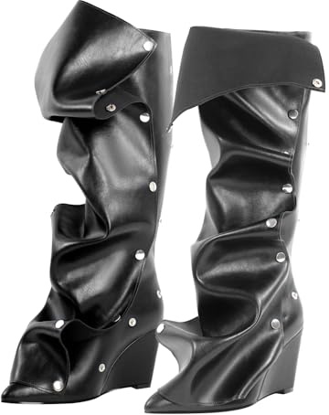 pinokino Wedge Heel Shark Boots for Women Knee High Foldover Ruched Scrunch Stiletto Heel Snap Buttons Pull on Slouchy Boots Denim Black Size 9