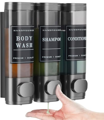 Unisence 3 Chamber Shampoo and Conditioner Dispenser - Wall-Mounted Shower Soap Dispenser, No Drill, Large Capacity for Bathroom Hotel - Dark Gray