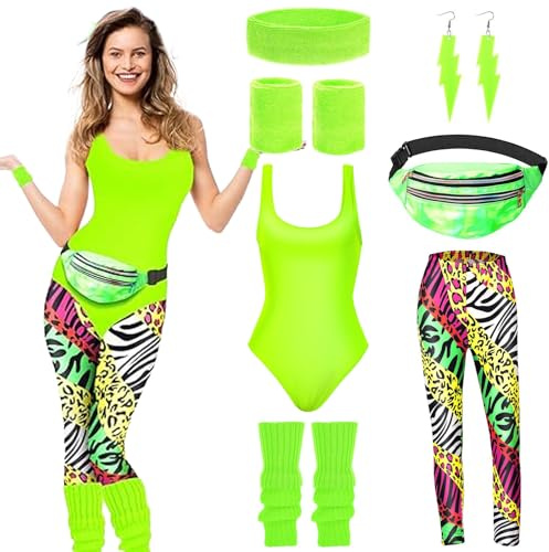 DAZZTIME 80er Jahre Outfit Damen,Damen 80er Jahre Workout Kostüm,80er Jahre Accessoires,90er Jahre Outfit,mit Bauchtasche,Stirnband,Beinwärmer,für Karneval,Halloween,Fasching,Mottoparty
