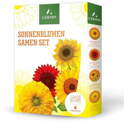 LERAVA® Sonnenblumen Samen Set (4 Sorten) - Riesige gelbe & rote Sonnenblume - Zwerg und Sungold Teddy - Premium Sonnenblumensamen für Garten und Balkon - Blumensamen Geschenk für Hobbygärtner