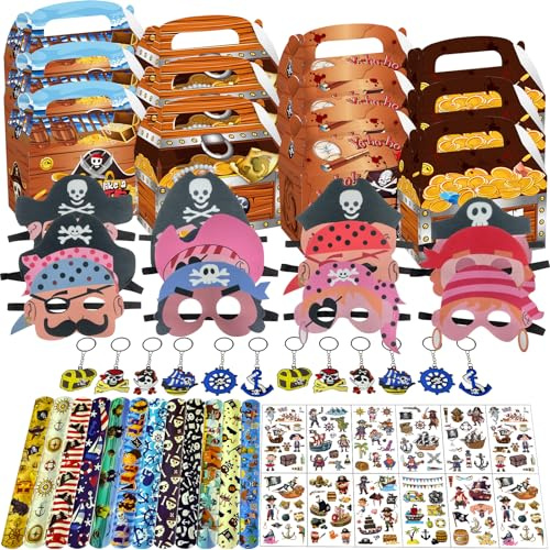 PQKL-Party Piraten Mitgebsel für Kindergeburtstag - Maske, Geschenktüten, Tattoo Aufkleber, Schlüsselanhänger, Schnapparmband - Give Aways für Kinder
