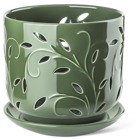 EFISPSS Orchid Pots with Holes, 7 Inch Orchid Pots with Drainage Holes and Tray, Indoor or Outdoor Large Pot for Orchid Care,Durable for Repotting or New Plants - Green