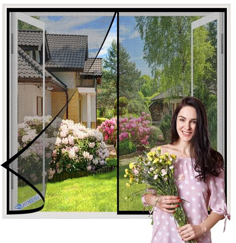 Magnet Fliegengitter Fenster 90x140cm Schwarz Insektengitter Lamellenvorhang Magnetvorhang mit Klettband Magnete Automatisch schließen für Balkontür Kellertür Terrassentür