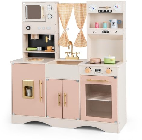 GYMAX Set di Cucina Giocattolo per Bambini, Cucina Giocattolo in Legno con Macchina del Caffè, Fabbricatore di Ghiaccio, Forno a Microonde, Forno, Lavello, Cucina per Bambini dai 3+ Anni (Rosa)