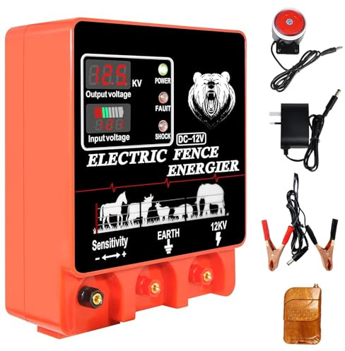 Electric Fence Energiser,Input 12V Output 12KV, 50KM 10 Joules Electric Fence Charger High Voltage Pulse Controller for Livestock Cattle Cow,Deter Predators (50KM with Alarm)