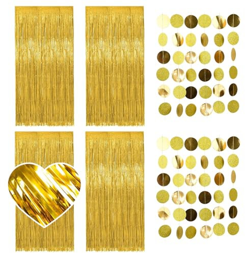 RAFIYU 6 Piezas Cortinas de Oropel con Purpurina, Cortinas Metálicas Doradas, Cortina de Flecos de Lámina, Cortina Fiesta para Cumpleaños, Baby Shower, Boda, Año Nuevo con 2 Guirnaldas de Papel