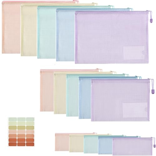Havnidy Juego de carteras de plástico, 15 bolsas con cremallera, tamaño A4+A5+A6, bolsas de malla para documentos, billeteras con cremallera para escuela, oficina, hogar y almacenamiento de viaje