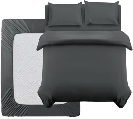 Oxford Homeware Double Duvet Set Charcoal Brushed Microfiber 4 Piece Double Bedding Set with Fitted Sheet and Pillowcases Soft Breathable Duvet Cover Sets