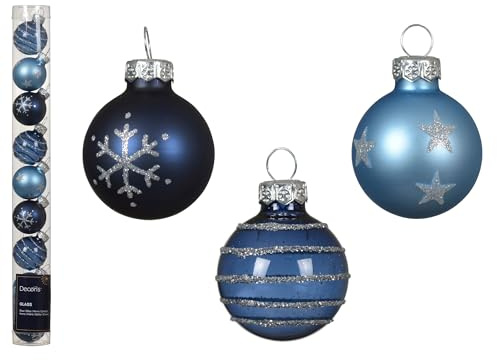 Weihnachtskugeln Glas mit Motiven 3cm 9er Set - kleine Christbaumkugeln Weihnachtsbaumkugeln für Weihnachten - Christbaumschmuck & Weihnachtsbaumschmuck Blau Mix transparent