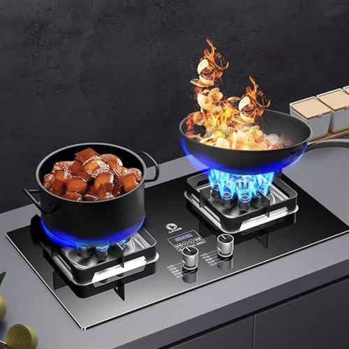 Stufa Gas Doppio 9.0Kw - Cucina A Gas Da Tavolo E A Filo, Cucina A Gas In Vetro Temperato, Cucina A Gas Temporizzata 180min, Fornello A Gas Portatile Con Protezione Anti-spegnimento(NG)