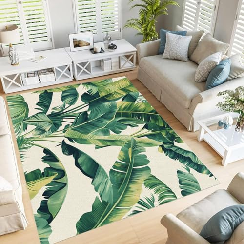 JEDTAKCT 210X300Cm Tappeti Per Soggiorno, Camera Da Letto, Tappeti Grandi Antiscivolo, Lavabili, Pelo Corto Foglie Di Banano Verde Tappeto Per Camera Letto, Sala Pranzo Piante Acquerellate Motivo