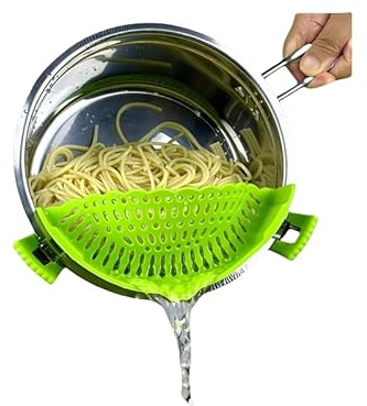 Colador de silicona con clip para todas las ollas y sartenes, colador de pasta con clip para carne, verduras, frutas, colador de cocina de silicona (verde)