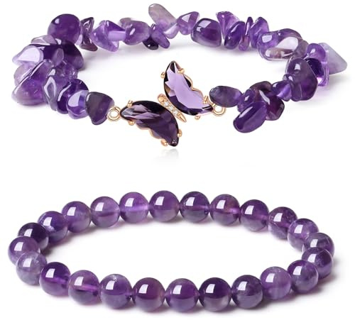 MUU 2 PCS Bracelet de cristal de guérison,améthyste papillon pour les femmes, amethyste pierre naturelle de perles de cristal extensible