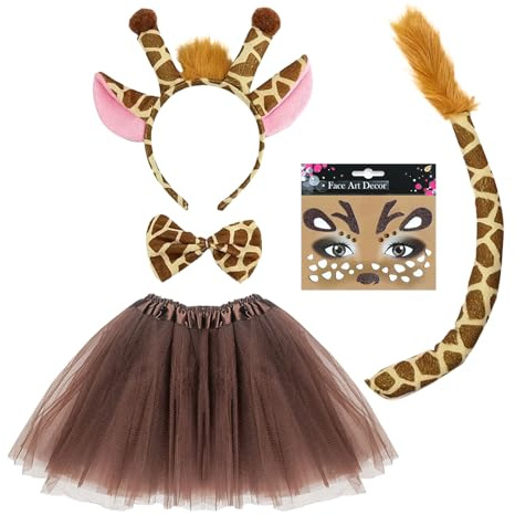 SAIIURV 5 Piezas Disfraces de Jirafa, Disfraz de Animal Accesorios De Jirafa Orejas Diadema Pajarita Cola Tutu Falda Cara Ciervo Tatuaje, Cosplay para Niña Niños Carnaval Halloween (Deer)