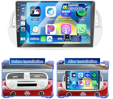 Hikity 4G+64G Autoradio Android per Fiat 500 2007-2015 con Touch Screen da 9 pollici, Stereo 2 DIN con Wireless Carplay Auto Android Bluetooth GPS WiFi SWC Mirror Link + Telecamera+MIC
