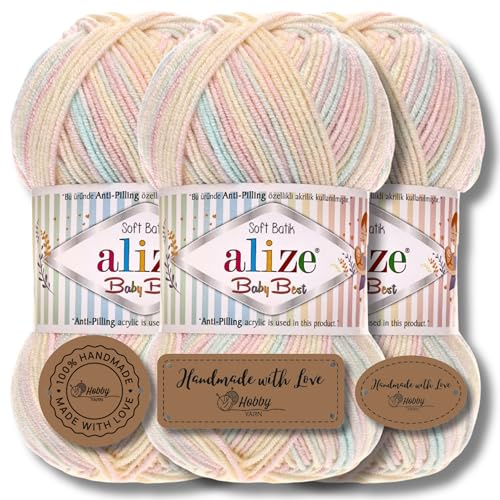 Hobby YARN 3x Etikettenlabel mit Alize Baby Best Batik 3x 100g als Set, Antipilling Babywolle Acryl Uni & Batik Strickgarn zum Häkeln und Stricken Farbverlauf (6655)