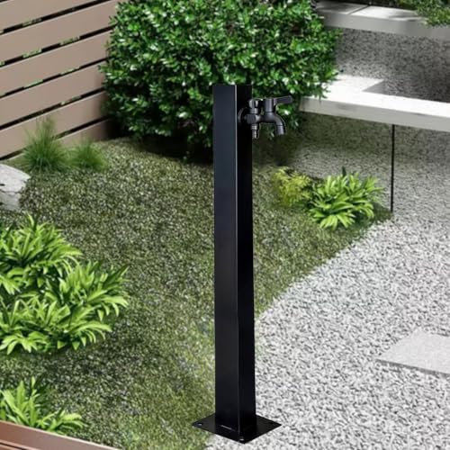 Lanmmraifc Outdoor Stainless Steel Garden Water Column, Black Square Freestanding Hose Stand with Faucet, Decorative Water Feature Fountain Water Dispenser Hydrant(Height: 60cm/23.6in)