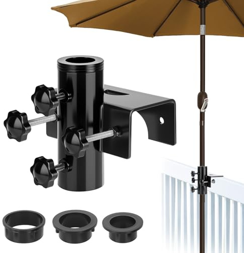 SLIIMU Umbrella Holder Clamp On, Sonnenschirmhalter Balkongeländer, Sonnenschirmständer Robuster Balkonschirmhalter Sonnenschirm Halterung Balkon Klemmbereich (55 mm) Schirmdurchmesser (25-50 mm)