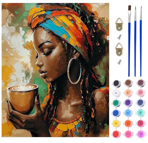 AIRDEA Mujer africana Pintar por Numeros Adultos, DIY Pintura por Numeros Adultos, Café Paint By Numbers Adult Pintura al óleo de Lienzo con Pinceles Pigmento Acrílico 40x50 cm (Sin Marco)