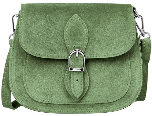 Caspar Leder Umhängetasche Dirndltasche Vintage Tasche kleine Trachtentasche Damen Handtasche aus Wildleder - CLASSIC LINE - Modell No.831 - Made in Italy, Farbe:olivgrün