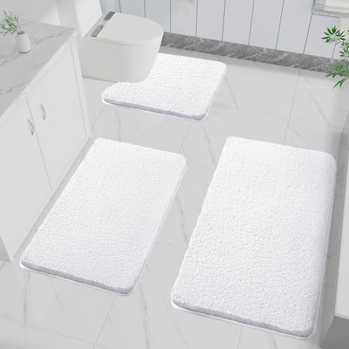 LUOJINYI Lot de 3 tapis de bain antidérapants, doux, absorbant l'eau, en microfibre, pour la salle de bain, lavable en machine, pour baignoire, douche et salle de bain (blanc)