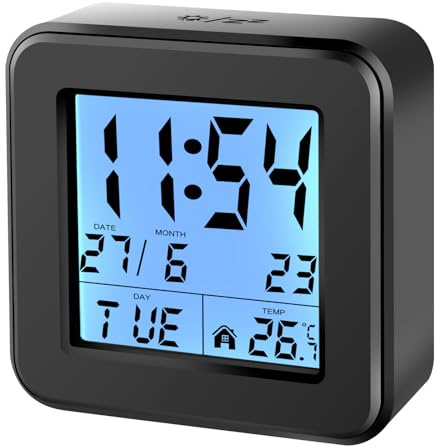 VMUTGA Wecker Digital, Schlummerfunktion/Hintergrundbeleuchtung, 12/24H, Datum, Wochentag (8 Sprachen), Temperaturanzeige, Klein Reisewecker mit Licht, Schwarz