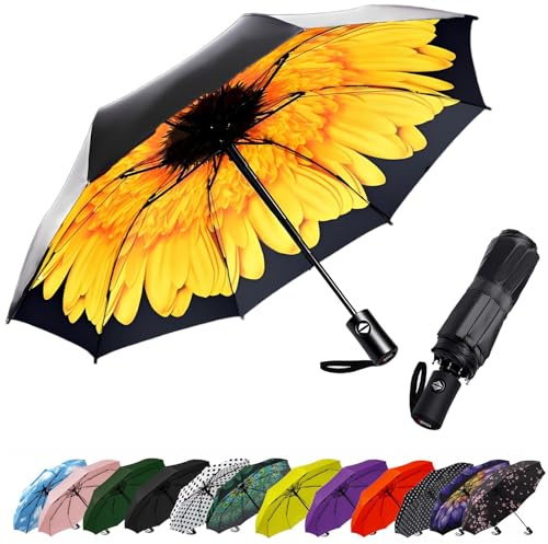 SIEPASA Parapluie de voyage compact - Coupe-vent - Ouverture et fermeture automatiques - Léger - Avec cadre en fibre de verre et auvent imperméable - Convient pour sac à dos/sac à main (tournesol)