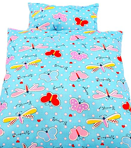 Sweete kleine Puppenbettwäsche für Puppenbett Korbpuppenwagen oder kleine Puppenwiege. Hellblau, Schmetterlingsmotiv