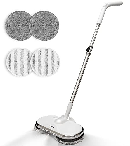 AlfaBot WS-24 Cordless Rotating Sweeper for Floor Cleaning, Lightweight Rechargeable Floor Cleaner with Water Sprayer and LED Headlight for Hardwood and Tile Floors, White