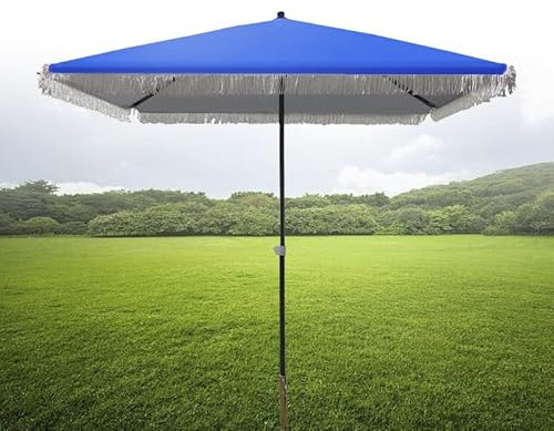 Ombrellone da esterno regolabile 2,0 x 2,0 m, baldacchino quadrato da spiaggia con frangia, parasole a 4 costole, ombrellone da giardino per terrazza, cortile e bordo piscina (blu)