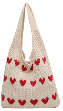 KHDULQ Borsetta a Maglia Forma di Cuore, 36×30cm Borse Fatte a Mano per Le Donne, Borsa a Tracolla Lavorata a Maglia, borsa a Mano, Adatto per Lavoro, Viaggi, Scuola, Shopping (beige)