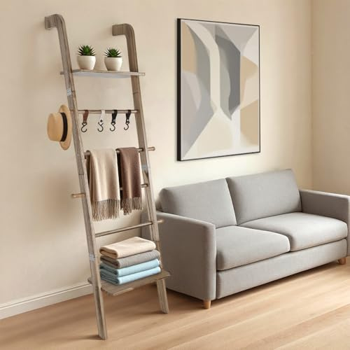 Fuairmee Wooden Ladder with Shelf for Room Decor, 6-Tier Decor Ladder with Non-Slip Mat & Hooks, Farmhouse Style Leaning Wall Display Holder