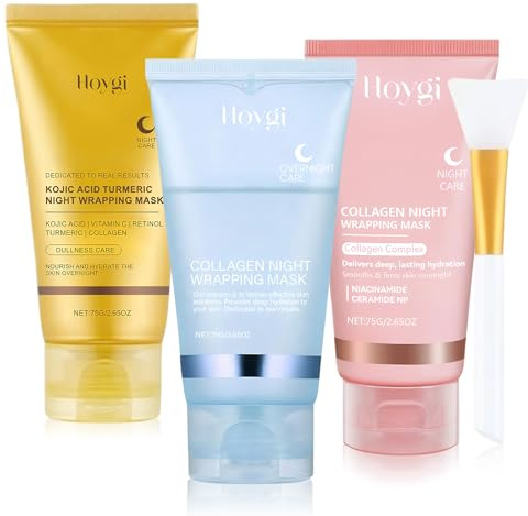 3 Stück Collagen Night Wrapping Mask, Kurkuma Mask, Peel off Maske Gesicht, Bio Kollagen MAske, mit Pinsel, Hyaluron MAske Gesicht, Tiefe Hydratation, für Strahlende und Straffe Haut
