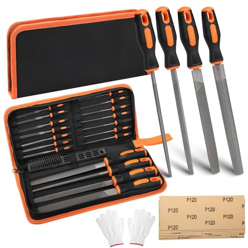 19Pcs Metal File Set, Professional Files Tools, Hand Needle Files, Large Fine Micro Steel, Flat/Half/Oval/Round/Triangular/Square, Perfect for Wood, Metal, DIY Project with Gloves, Bag, 12 Sandpapers
