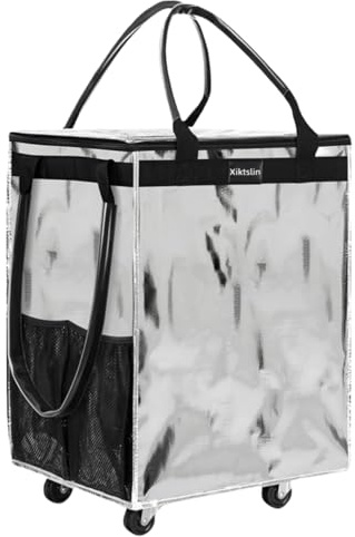 (Medium, Starlight Silver)Reusable Grocery Bag on 4 Wheels,Foldable Rolling Tote Carries Up to 66lb Shopping Trolley,Rolling Bag with 3 Handles,Zipper Clouser Rolling Tote Bag with Wheels for Laundry