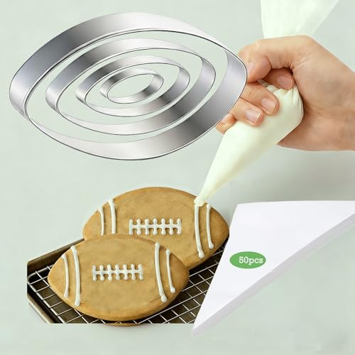 6pcs Football Cookie Cutter Set with 50pcs Tipless Piping Bags,Small Stainless Steel Biscuit Molds for Parents-Kids Baking, DIY Birthday Holiday Party Cookies,Family/Workshop Baking & Decoration Kit