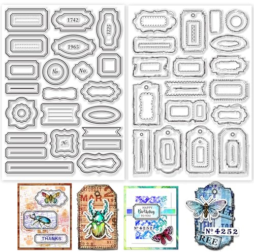GLOBLELAND 2 Blatt Etikettenrahmen Stempelset Für Scrapbooking 11.69x8.27 Zoll Nähgarn Silikonstempel Etiketten Notiz Und Ticketstempelset Transparent Für Kartenherstellung DIY Prägung Journaling