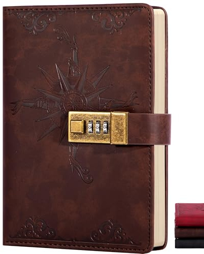 CAGIE Tagebuch Mit Schloss, 256 Seiten B6 Blanko Papier, Prägiertes Design | Tagebuch für Erwachsene, Vintage Notizbuch Leder Mit Code, Innentasche & Stifthalter, Braun