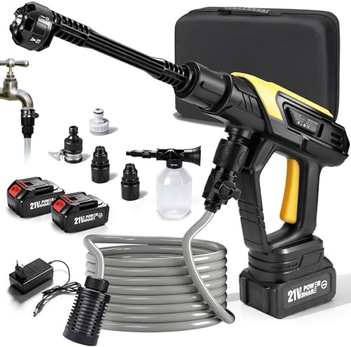 Akku Hochdruckreiniger Mobiler mit 2X 4000mAh Akku | 45Bar | 6-in-1 Düse | 360L/h | 5M Schlauch | Tragbarer Hochdruckreiniger Kabelloser Druckreiniger für Autos, Terrasse, Fenster,Garten