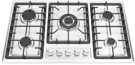 Plaque de cuisson à gaz, 5 feux, en acier inoxydable, 5 brûleurs, allumage électronique, protection contre les pannes de flamme, 86 x 51 x 9 cm, encastrable/autonome, puissance 10,55 kW, grande