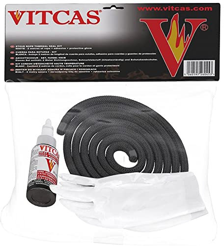 VITCAS Black Stove Fire Rope Replacement Kit Rope Adhesive - Protective Gloves-sealing stove doors-Excellent adhesion glue-12mm