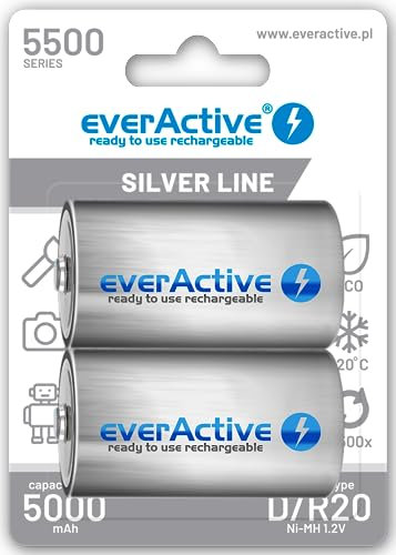 EverActive Lot de 2 Batteries Rechargeables Ni-MH, Mono R20 de qualité supérieure pré-chargées Silver Line 1,2 V