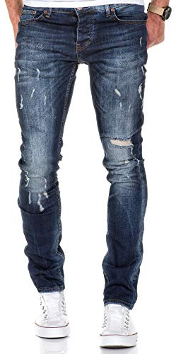 Amaci&Sons Herren Strech Destroyed Slim Fit Denim Jeans Hose 7500 Dunkelblau W33/L34
