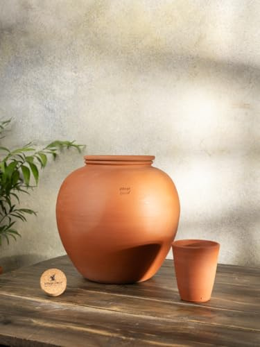 Village Decor Handmade Earthen Clay Water Pot with Accessories (6000 ml Topf)
