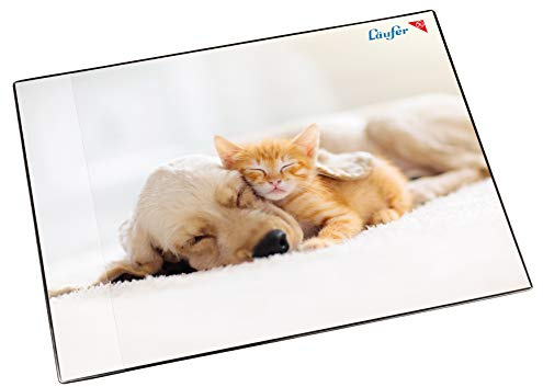 Läufer 46657 Schreibtischunterlage Hund und Katze, 53x40 cm, rutschfeste Schreibunterlage für Kinder, mit transparenter Seitentasche