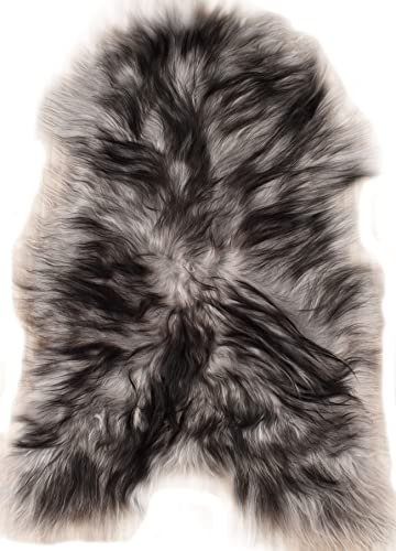 LAMMFELL GRAU SCHWARZ LANGWOLLIG ca. 120 x 70 cm ECHTES ÖKO Island SCHAFFELL GRAU GEFÄRBT XL