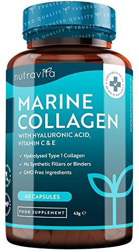 Nutravita Marine Collagen 1000mg - 60 Capsules of Superior Type 1 Hydrolysed Collagen - Enhanced with Hyaluronic Acid, Vitamin C, Vitamin E, Vitamin B2, Zinc, Copper and Iodine - Made in The UK